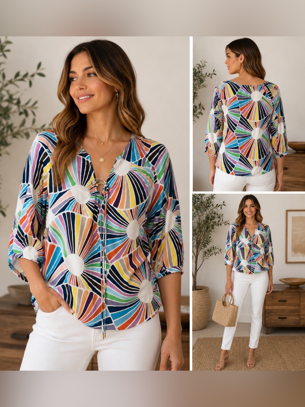 Trina Turk Silk Rainbow Geometric Print Blouse Small Colorful Keyhole Top